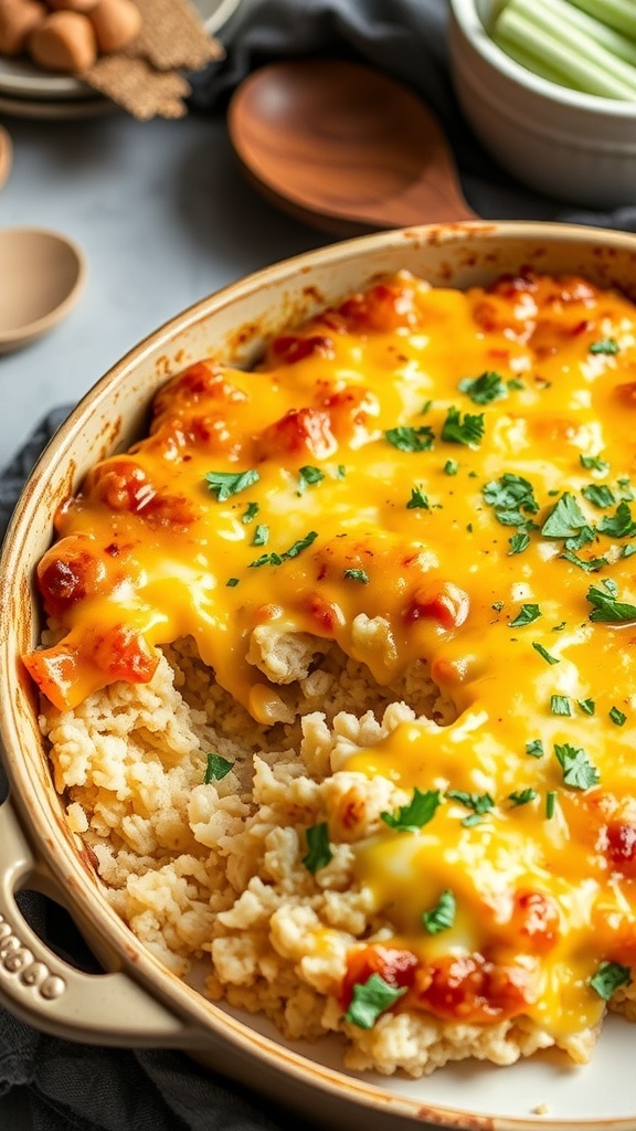 A delicious chicken rice casserole topped with melted cheese, served in a rustic dish.
